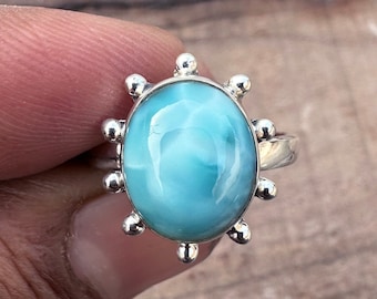 天然ラリマーリング：925スターリングシルバーバーシグネット