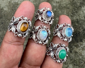 Blue Moonstone Butterfly Ring, 925 Sterling Silver, Bohemian Handmade