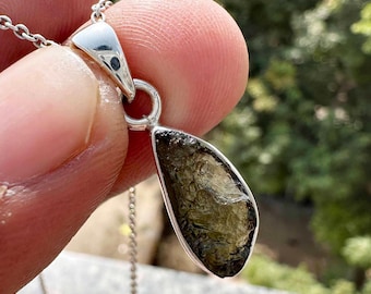 Real Czech Moldavite Pendant Necklace, Sterling Silver Tektite Jewelry