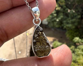 Uncut Moldavite Pendant Necklace, 925 Sterling Silver, Tektite Charm