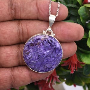 Handmade Siberian Charoite Pendant Necklace: 925 Sterling Silver