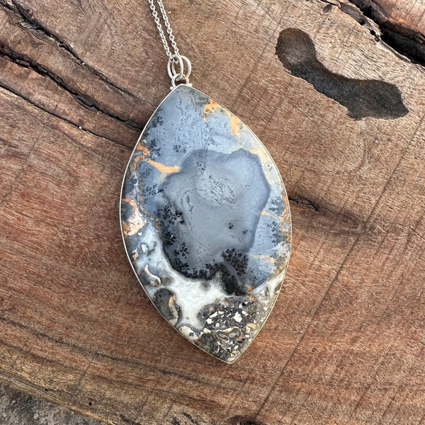 Large Size Natural Maligano Jasper Pendant Necklace, Bohemian Big Size Maligano Jasper Necklace, 925 Sterling Silver Necklace, Gift for her