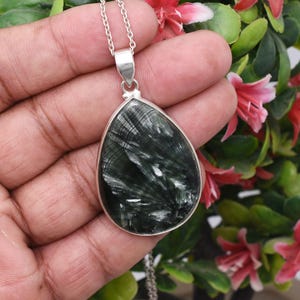 Seraphinite Teardrop Pendant Necklace: Sterling Silver Green Crystal Jewelry