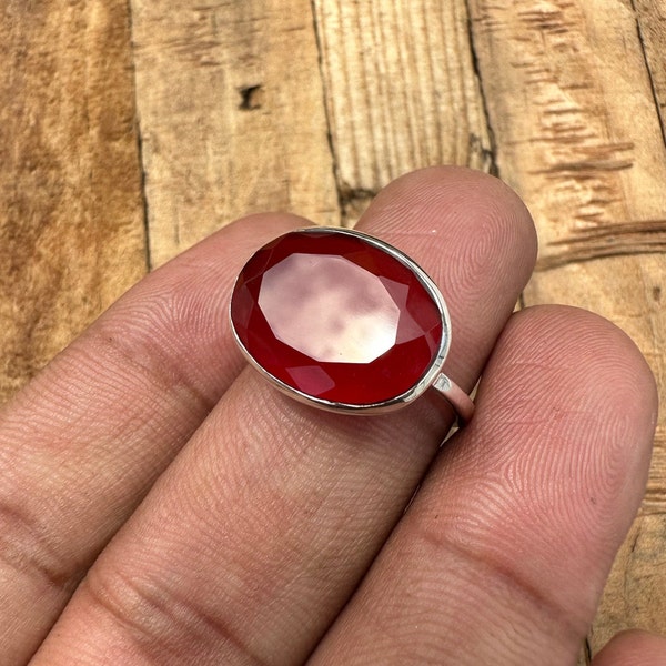 Red Onyx Ring, 925 Sterling Silver Ring, Onyx Faceted Oval Ring, Handmade Silver Promise Ring, Onyx Gemstone Anniversary Ring, Gift for her