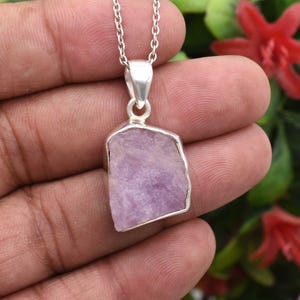 Raw Kunzite Crystal Pendant Necklace: Sterling Silver Healing Jewelry
