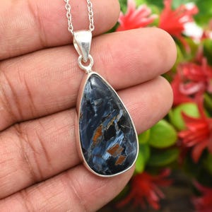 Natural Blue Flashy Namibian Pietersite Pendant Necklace, 925 Sterling Silver Necklace, Dainty Teardrop Pietersite Jewelry, Gift for Mother
