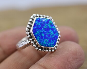 Russian Synthetic Bello Opal Ring, 925 Sterling Silver Ring, Designer Blue Opal Ring, Handmade Unique Opal Jewelry, Silver Engagement Ring,