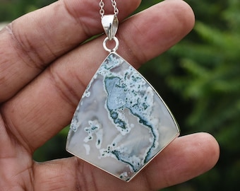 Large Moss Agate Pendant Necklace: Sterling Silver Handmade Jewelry
