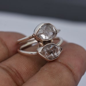 Natural Herkimer Diamond Quartz Sterling Silver Ring, 925 Sterling Silver Ring, Raw Herkimer Diamond Two Stone Ring, Healing Crystal Ring