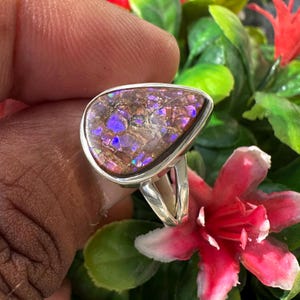Natural Canadian Ammolite Fossil Ring, Handmade Sterling Silver Ring, Ammolite Purple Crystal Ring, Silver Statement Ring, Size - 8.5 US