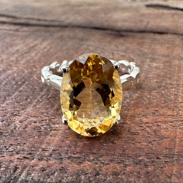 Echte citrienring, ovaal geslepen edelsteenring, 925 sterlingzilver, november geboortesteensieraden