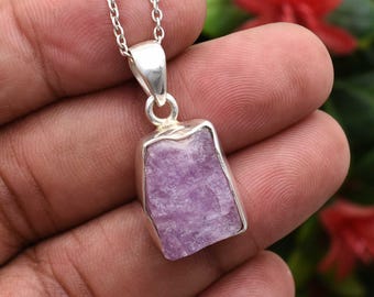 Raw Kunzite Crystal Pendant Necklace: 925 Sterling Silver, Healing Gemstone