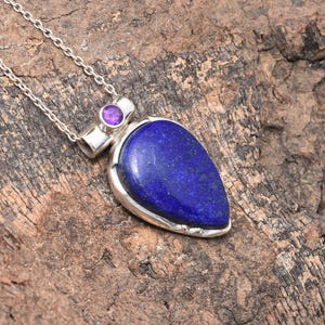 Natural Lapis Lazuli and Amethyst Gemstone Pendant Necklace, Sterling Silver Handmade Necklace, Lapis Lazuli Jewelry, Gift for her