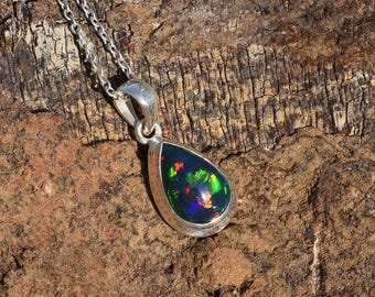 Teardrop Black Fire Opal Pendant Necklace: 925 Sterling Silver