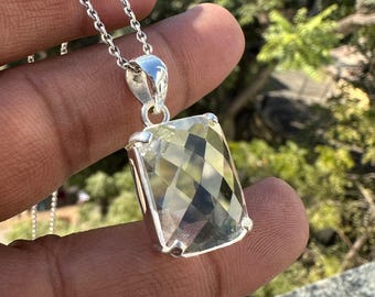 Natural Faceted Clear Crystal Quartz Pendant Necklace, Handmade Cushion Cut Gemstone Jewelry, Christmas Gift