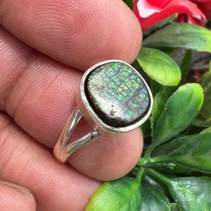 Genuine Canadian Ammolite Gemstone Ring, 925 Sterling Silver Ring, Handmade Ammolite Statement Ring, Ammolite Bohemian Jewelry, Size - 9 US