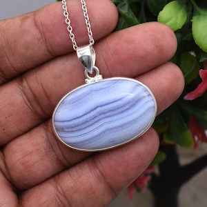Genuine Blue Lace Agate Pendant Necklace, 925 Sterling Silver Necklace, Blue Lace Agate Gemstone Handmade Bohemian Jewelry, Gift for her