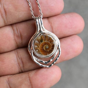 Natural Ammonite Shell Pendant Necklace, Ammonite Shell Sterling Silver Necklace, Healing Silver Jewelry Handmade Necklace, Christmas Gift