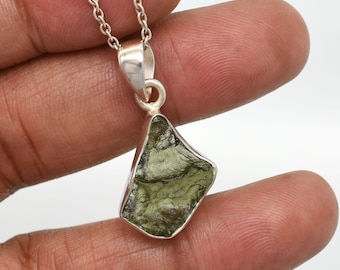 Raw Moldavite Crystal Pendant: 925 Sterling Silver Tektite Necklace