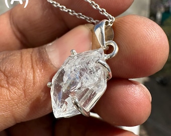 Natural Herkimer Diamond Pendant Necklace, Sterling Silver Clear Crystal Prong Necklace, Bohemian Jewelry gift