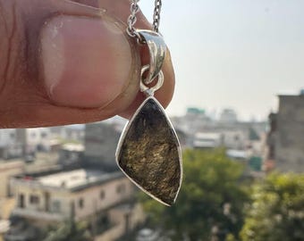 Raw Moldavite Tektite Pendant: 925 Sterling Silver, Czech Jewelry