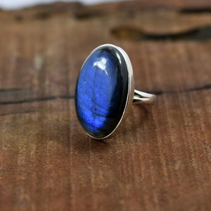 Genuine Rich Blue Labradorite Ring, Labradorite Big Stone Ring, Solid 925 Sterling Silver Ring, Labradorite Jewelry March Birthstone