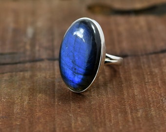 Genuine Rich Blue Labradorite Ring, Labradorite Big Stone Ring, Solid 925 Sterling Silver Ring, Labradorite Jewelry March Birthstone