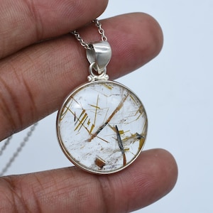 Sparkling Golden Rutiled Quartz Pendant Necklace, Natural Gemstone Golden Rutile Jewelry, Handmade Sterling Silver Necklace, Christmas Gift