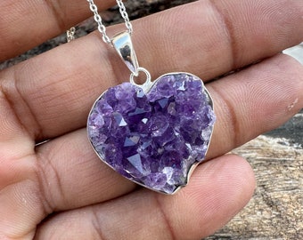 Natural Amethyst Druzy Heart Shape Gemstone Pendant Necklace, 925 Sterling Silver Necklace, Handmade Amethyst Geode Jewelry, Christmas Gift