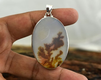 925 Sterling Silver Big Natural Scenic Dendrite Agate Necklace, Shazar Dendrite Necklace Pendant, Shazar Gemstone Jewelry, Gift for her