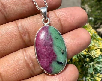 Genuine Ruby Zoisite Gemstone Pendant Necklace, 925 Sterling Silver Necklace, Red Green Crystal Jewelry