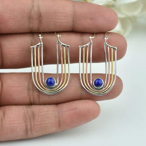 Natural Lapis Lazuli Earring, 925 Sterling Silver Handmade Earring, Lapis Gemstone Earring, Two Tone Dangle Drop Earring, Gift for her