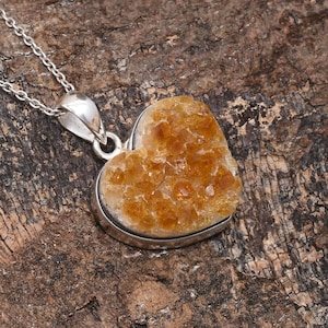 Heart Citrine Crystal Pendant Necklace, 925 Sterling Silver Necklace, Natural Heart Crystal Necklace, Citrine Druzy Jewelry, Christmas Gift