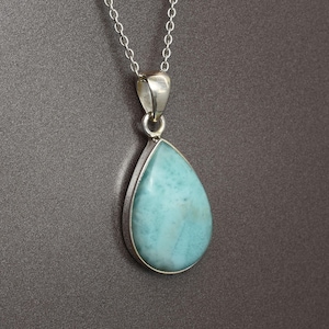 Teardrop Natural Blue Larimar Pendant Necklace, 925 Sterling Silver Necklace, Handmade Dominican Larimar Jewelry, Birthday Gift