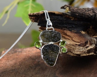 Genuine Moldavite Crystal Necklace - From Czech Republic, 925 Sterling Silver Necklace, Natural Raw Moldavite Tektite Necklace Pendant,
