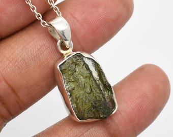 Raw Moldavite Crystal Pendant: Handmade Sterling Silver Tektite Necklace