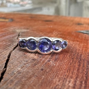 Authentic Iolite Ring, Sterling Silver Blue Crystal 5 Stone Graduate Ring, Minimalist Statement Jewelry