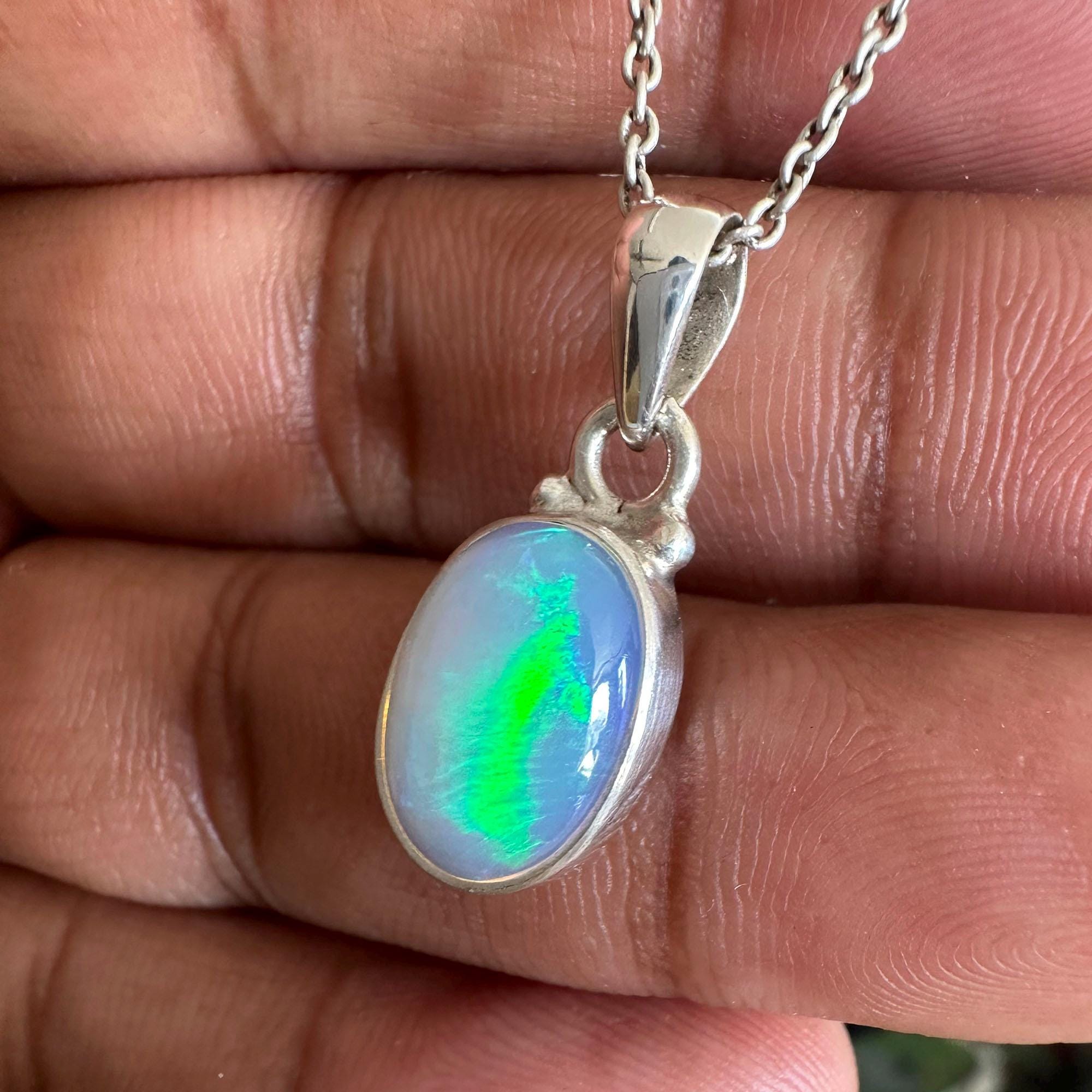 Natural Ethiopian Opal Pendant Necklace, 925 Sterling Silver, Multi Fire Opal Jewelry
