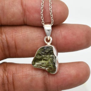 Raw Natural Moldavite Tektite Gemstone Pendant Necklace, 925 Sterling Silver Necklace, Czech Republic Moldavite Meteorite Healing Jewelry
