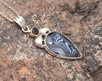 Black Botswana Agate & Smokey Quartz Pendant: Sterling Silver Healing Necklace