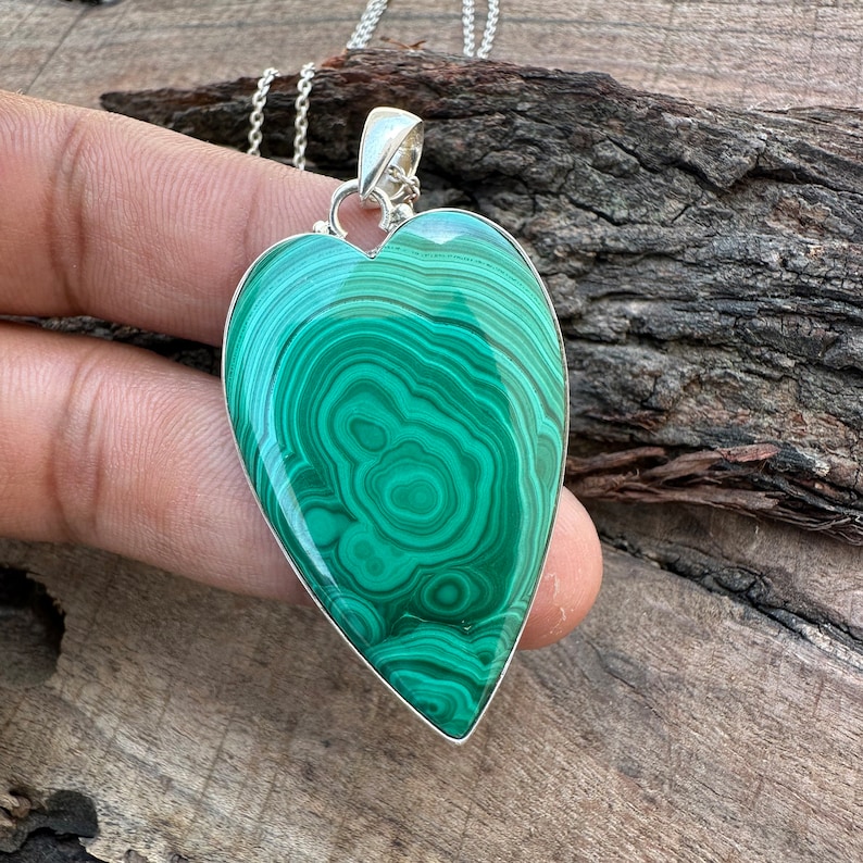 Natural Green Gemstone Malachite Heart Pendant Necklace, 925 Sterling ...