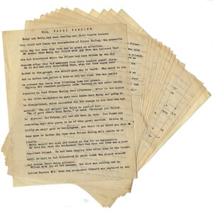 May include: A stack of yellowed, handwritten pages with typed text. The text is about a fairy tale and mentions a character named Prince Zoolog.