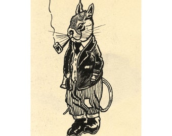 Smoking Mouse Anthropomorphic Cartoon – Original 1940s pen & ink drawing