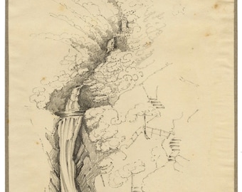 Cascadas de Mynach, Puente del Diablo, Cardiganshire, Gales. Dibujo de 1841. Jane D. Harvey.