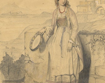 E. Garstin, Lady with Tambourine in Italianate Landscape – 1854 graphite drawing