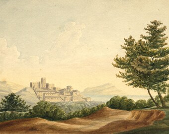 Picturesque Coastal Fortress Watercolour Painting 19th Century Original