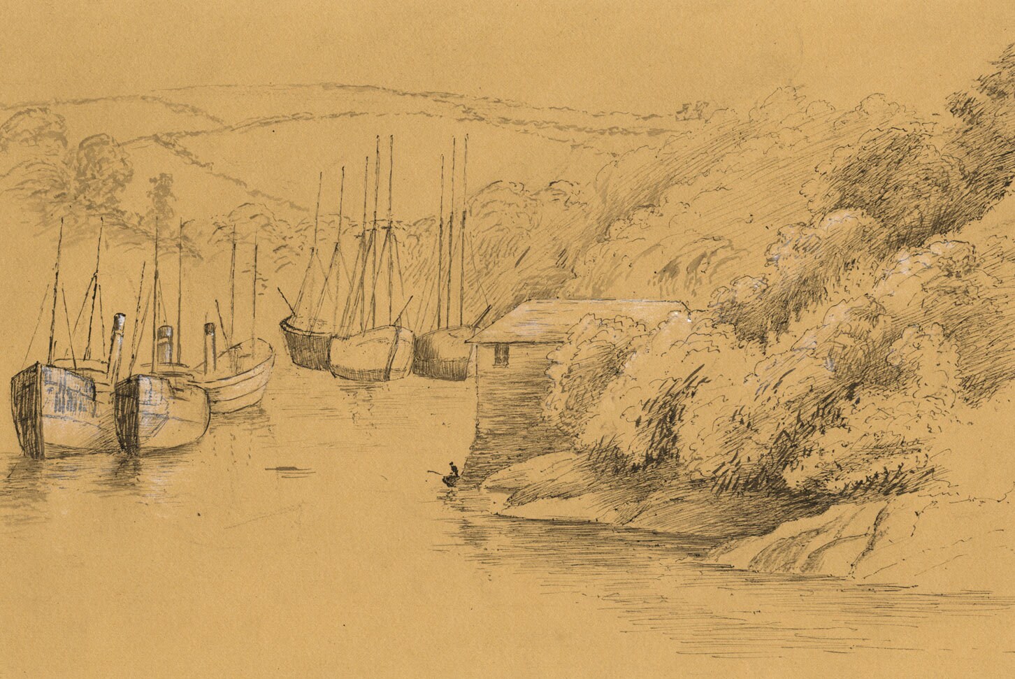 Head of the Estuary With Moored Boats Devon Pen & Ink Drawing C.1902 ...
