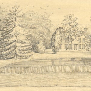 May include: A pencil sketch of a house with a pond in front of it. The house is surrounded by trees and a fence. The drawing is in a realistic style.