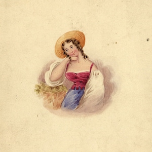 French Rustic Girl with Hat - Original 19th-century watercolour painting