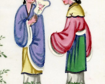 Mulheres da Dinastia Qing com leque, pintura chinesa sobre medula, original do final do século XIX.
